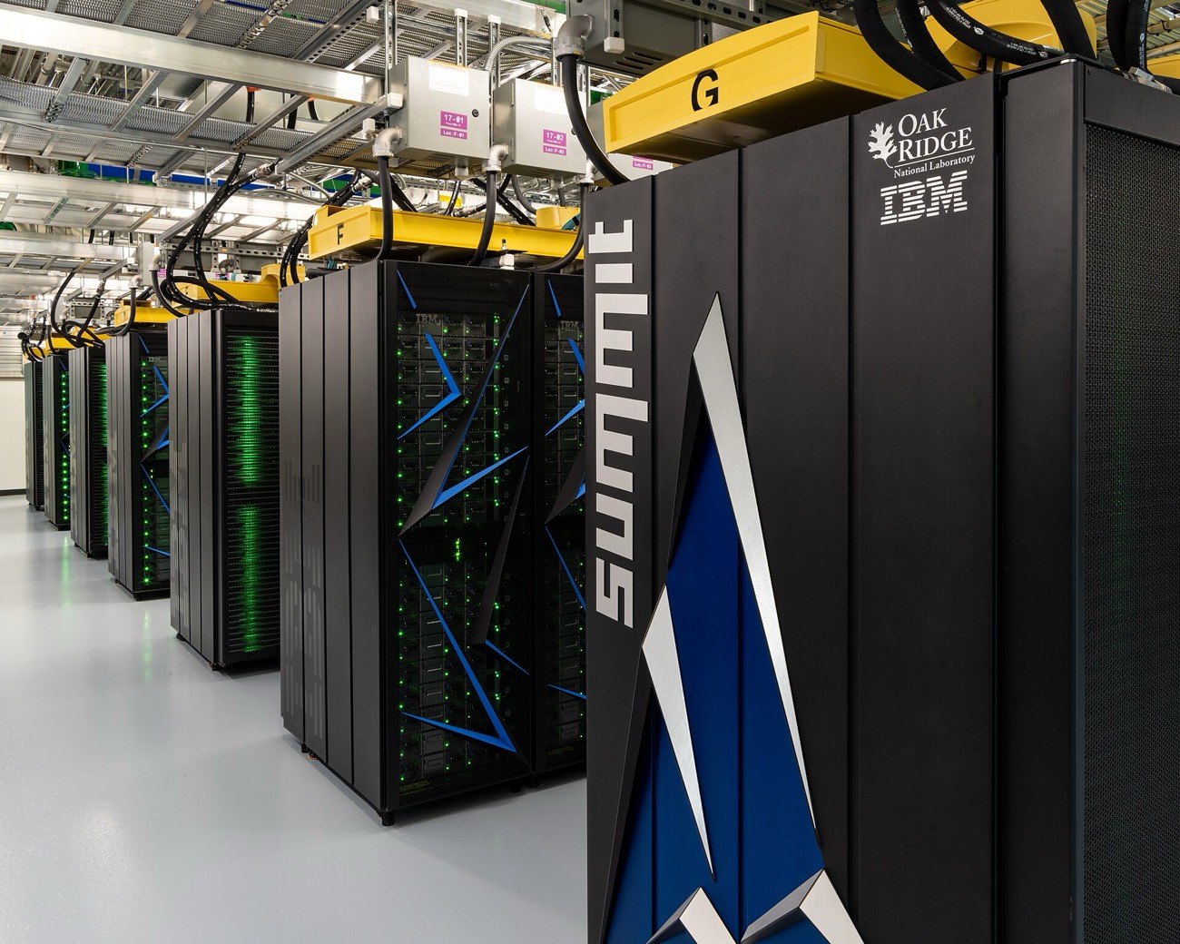 Supercomputer racks with status lights